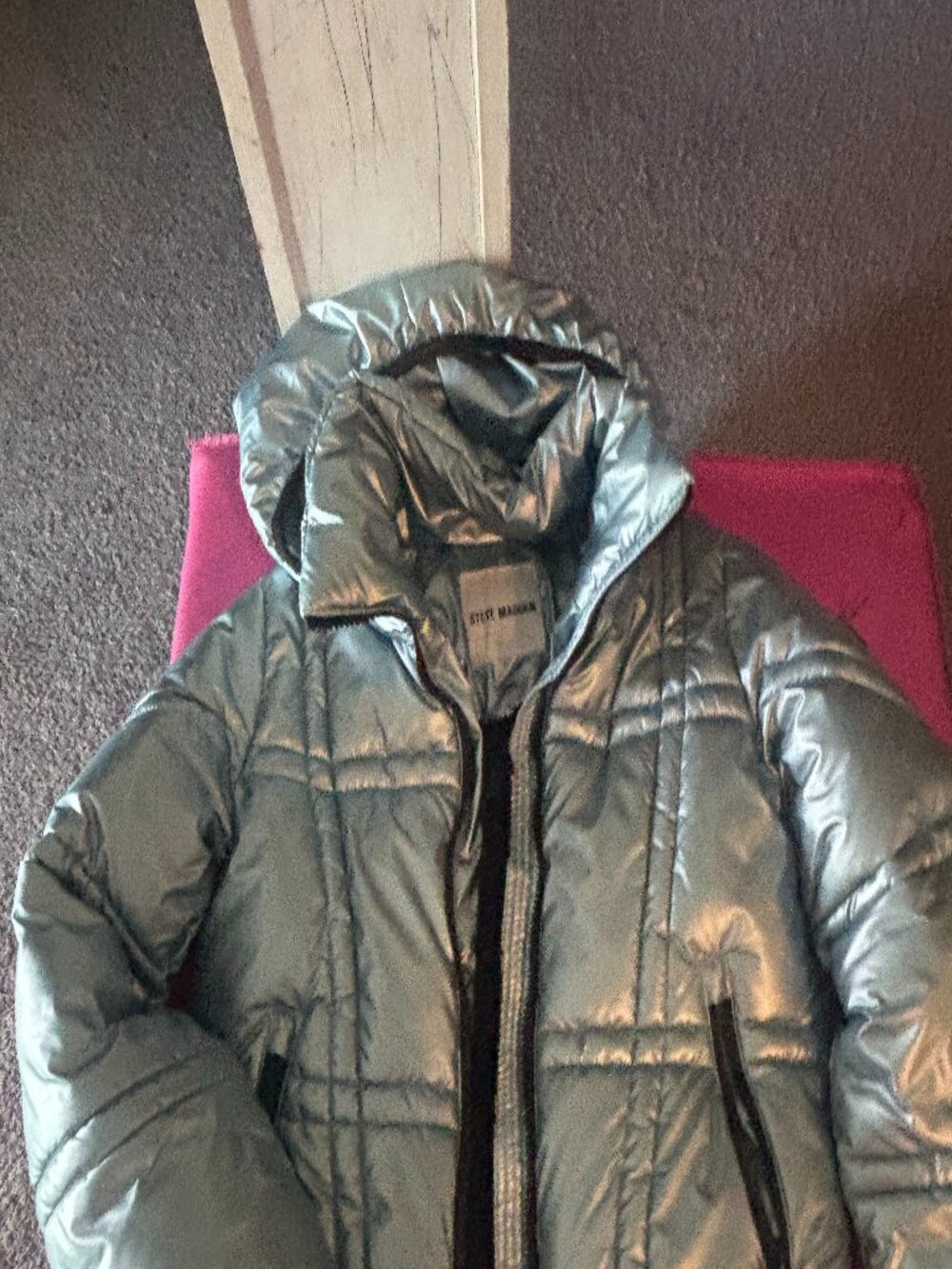 Steve Madden Metallic Silver Puffer Jacket Hooded Winter Coat